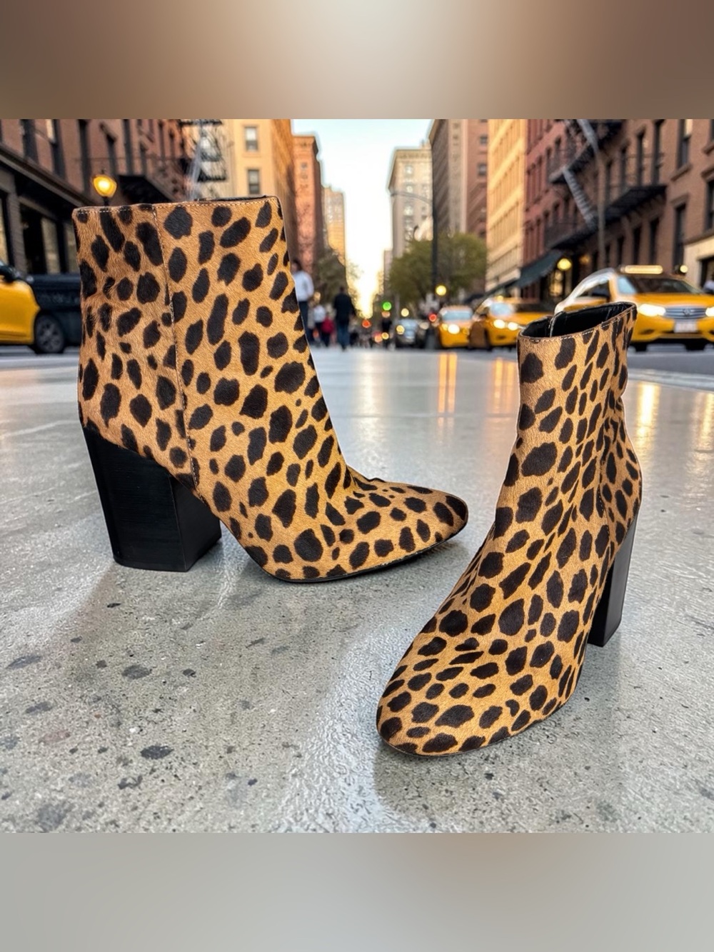 Vince Camuto Thelmin Leopard Animal Print Booties Size 9M Calf Hair 3.5” Heels